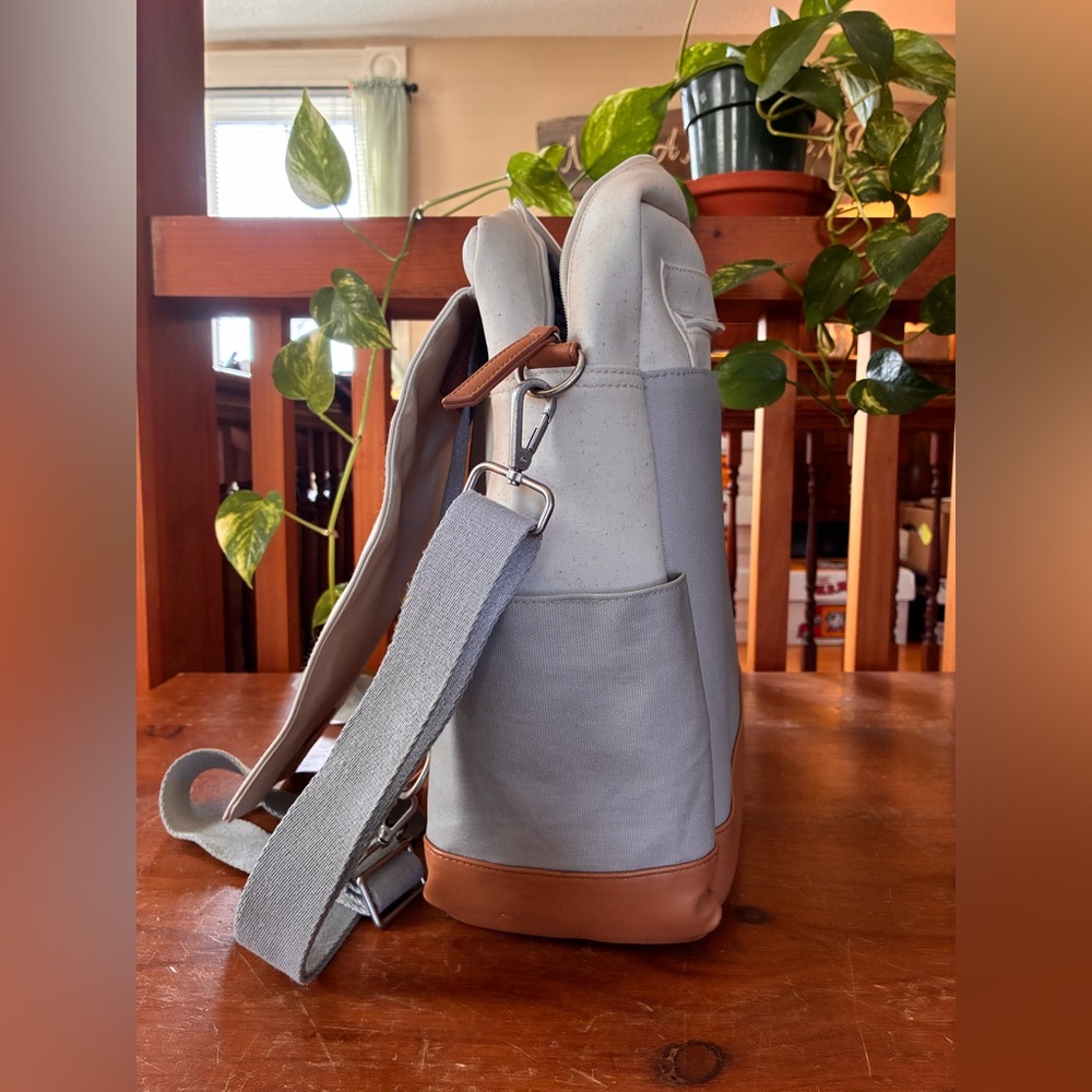 Kinwell Diaper Bag Backpack - Gray, Camel and Cream; Canvas and Vegan Leather - Picture 5 of 6